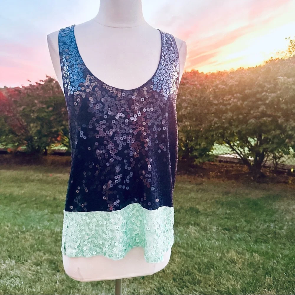 J. Crew Navy and Aqua Sequin tank